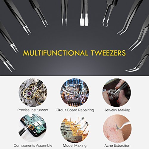 Precision Tweezers Set, ElleSye 10 PCS ESD Tweezer Set, Anti-Static  Stainless Steel Tweezers Kit Curved Tweezers for Craft, Jewelry,  Electronics