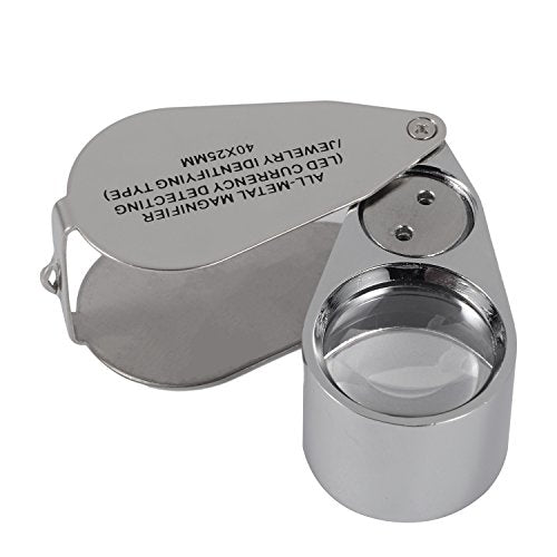40X Full Metal Jewelry Loop Magnifier,Pocket Folding Magnifying Glass  Jewelers Eye Loupe with LED and UV Light,F015 